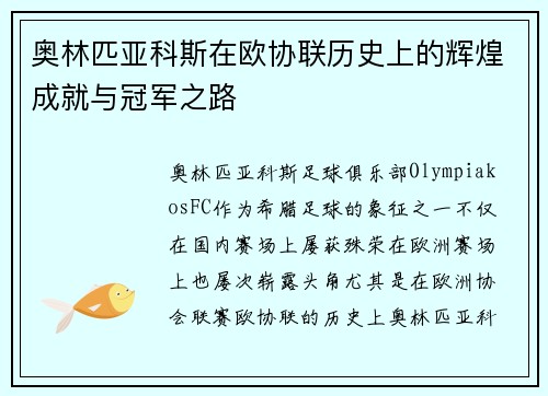 奥林匹亚科斯在欧协联历史上的辉煌成就与冠军之路